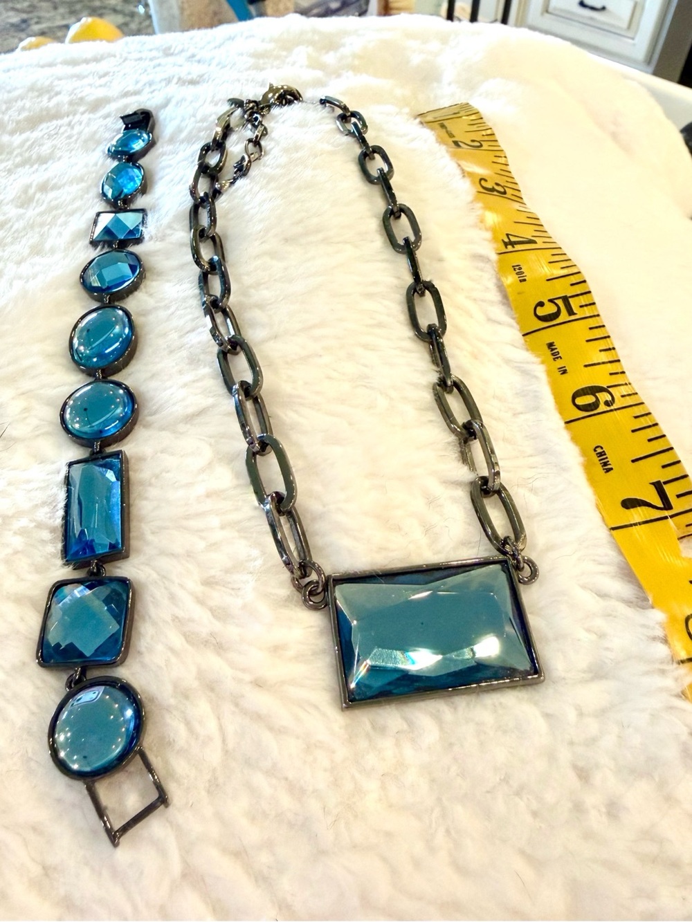 Blue Glass Pendant Necklace and Bracelet Set - Women's Jewelry